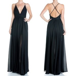 ✨NWT✨ MEGHAN LA Enchanted Garden Cross Back Maxi Dress Gown in Black Sz SMALL